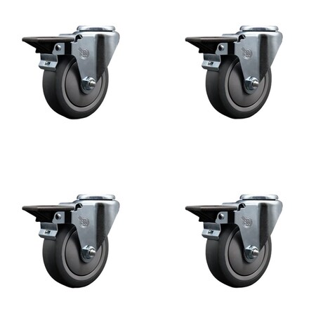Service Caster 4'' Thermo Rubber Wheel Swivel Bolt Hole Caster Set with Posi Lock Brakes, 4PK SCC-BH20S414-TPRB-PLB-4